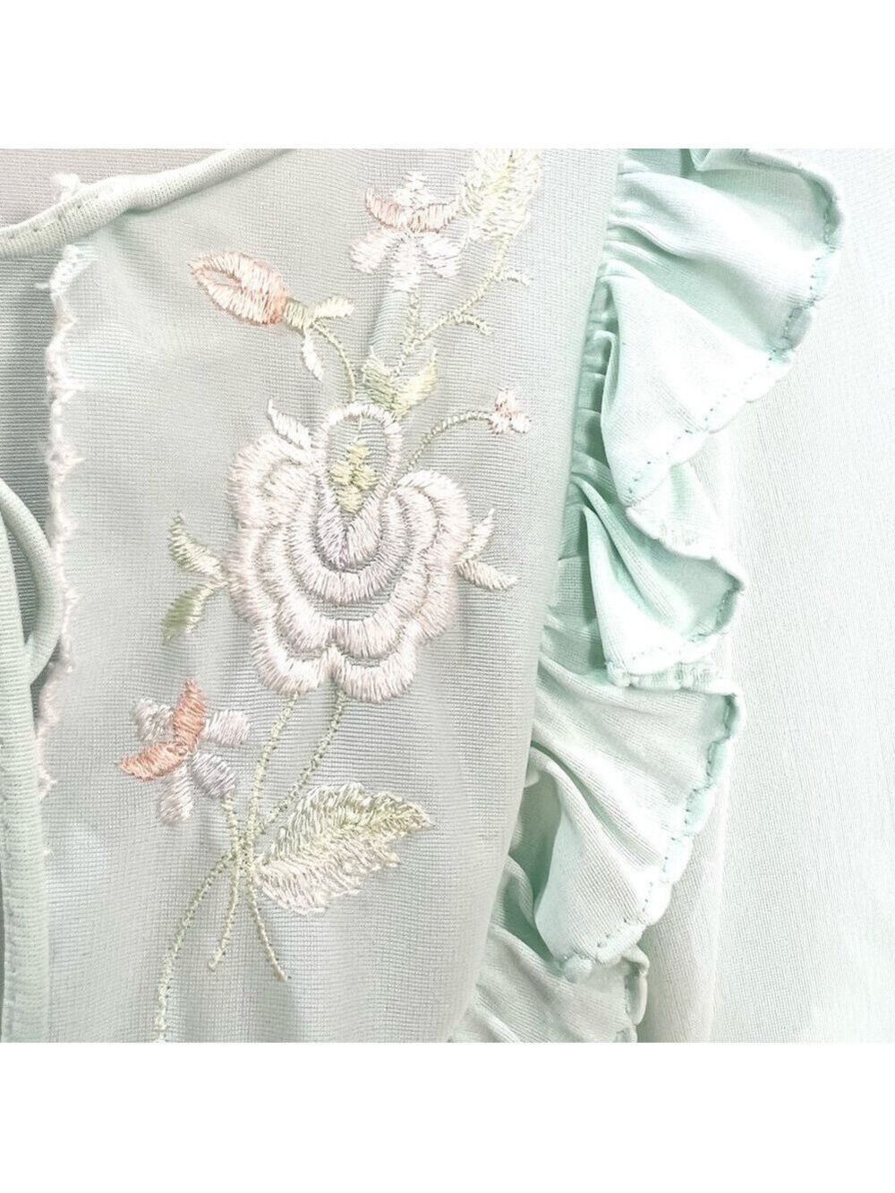 Vintage Mint Green Ruffle Embroidered Button Front Maxi Robe - Picture 10 of 13